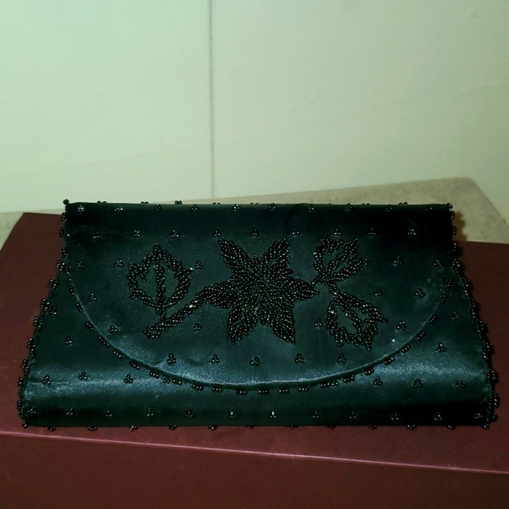 1960s Silvercraft Black Satin Beaded Clutch Purse